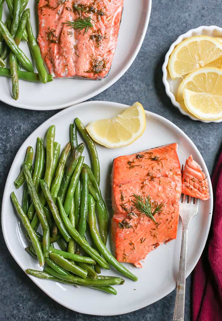 This Paleo Whole30 Air Fryer Dill Salmon and green beans is a whole meal made in 12 minutes!  Gluten free, dairy free, low carb and low FODMAP.