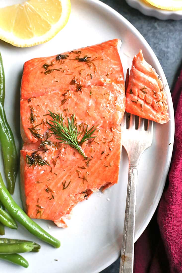 This Paleo Whole30 Air Fryer Dill Salmon and green beans is a whole meal made in 12 minutes!  Gluten free, dairy free, low carb and low FODMAP.