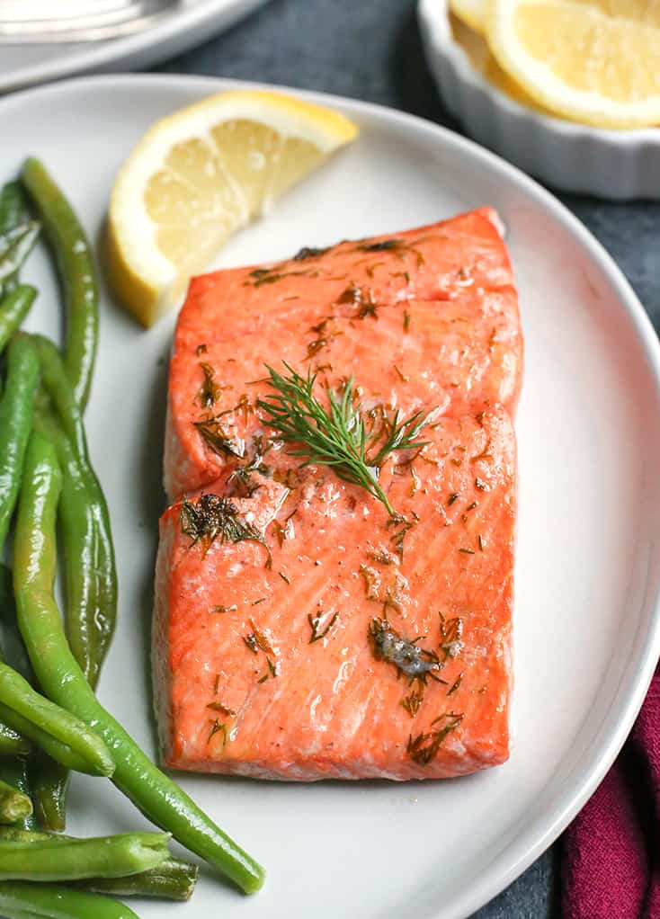 This Paleo Whole30 Air Fryer Dill Salmon and green beans is a whole meal made in 12 minutes!  Gluten free, dairy free, low carb and low FODMAP.