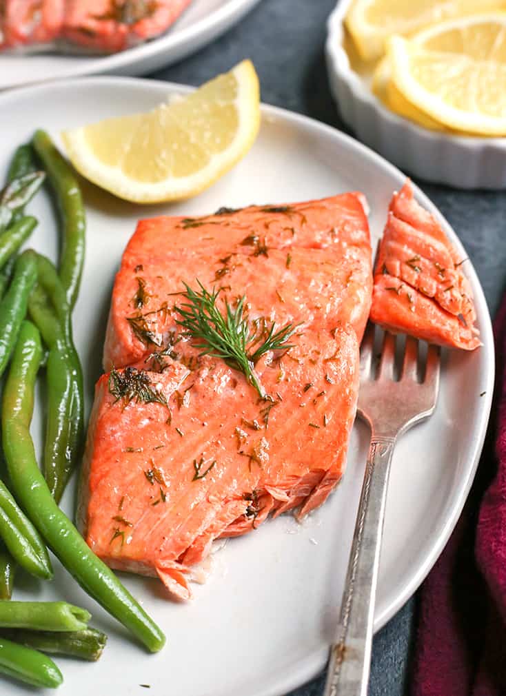 This Paleo Whole30 Air Fryer Dill Salmon and green beans is a whole meal made in 12 minutes!  Gluten free, dairy free, low carb and low FODMAP.