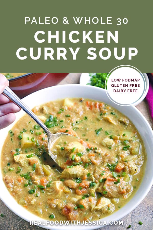 This Paleo Whole30 Chicken Curry Soup is comfort food made healthy! Made in the Instant Pot in just 10 minutes and so flavorful! Gluten free, dairy free, and low FODMAP.