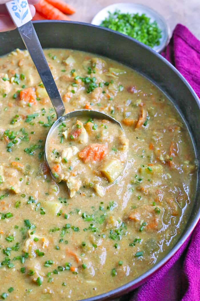 This Paleo Whole30 Chicken Curry Soup is comfort food made healthy! Made in the Instant Pot in just 10 minutes and so flavorful! Gluten free, dairy free, and low FODMAP.