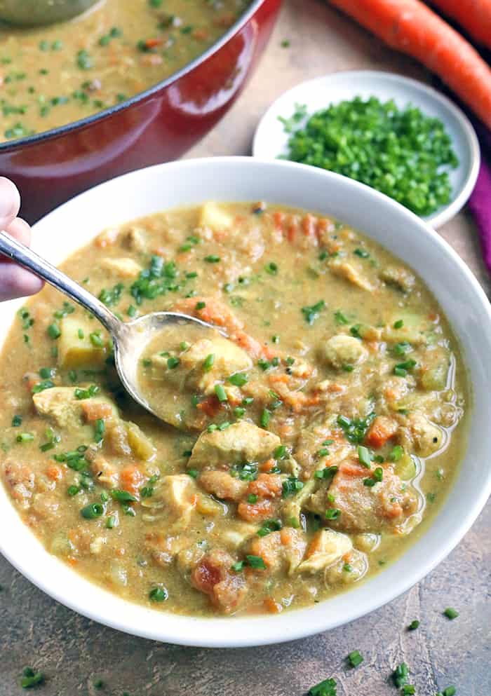 This Paleo Whole30 Chicken Curry Soup is comfort food made healthy! Made in the Instant Pot in just 10 minutes and so flavorful! Gluten free, dairy free, and low FODMAP.
