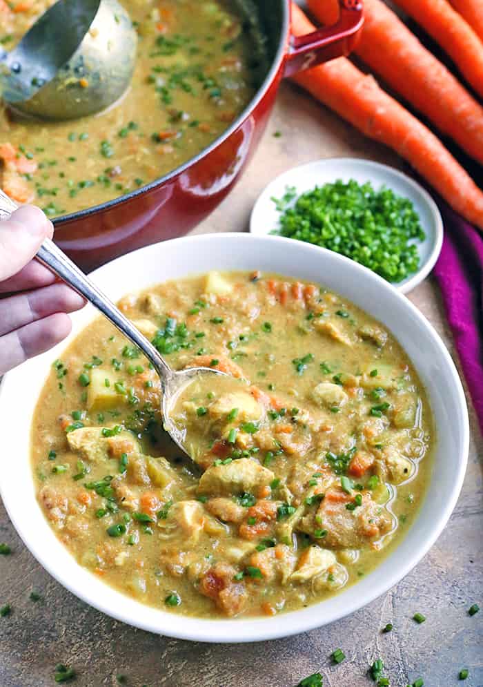 This Paleo Whole30 Chicken Curry Soup is comfort food made healthy! Made in the Instant Pot in just 10 minutes and so flavorful! Gluten free, dairy free, and low FODMAP.