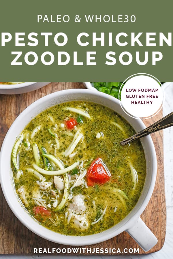 This Paleo Whole30 Pesto Chicken Zoodle Soup is quick, easy, and so delicious! Tender chicken, flavorful pesto, and perfectly cooked zucchini noodles make this so delicious. Gluten free, dairy free, and low FODMAP.