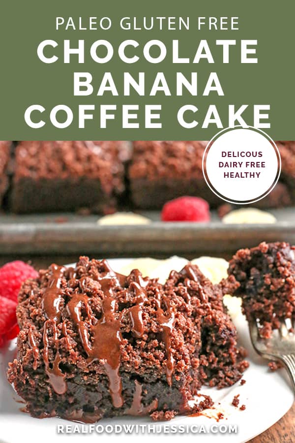 This Paleo Chocolate Banana Coffee Cake is rich, decadent and irresistible. It makes a great breakfast or dessert and is gluten free, dairy free, and naturally sweetened.