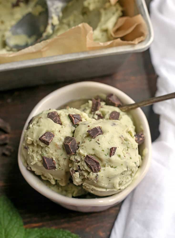 This Paleo Mint Chocolate Chip Ice Cream is easy to make and so delicious! Just 6 simple ingredients, dairy free, egg free, naturally colored and sweetened, and low FODMAP.