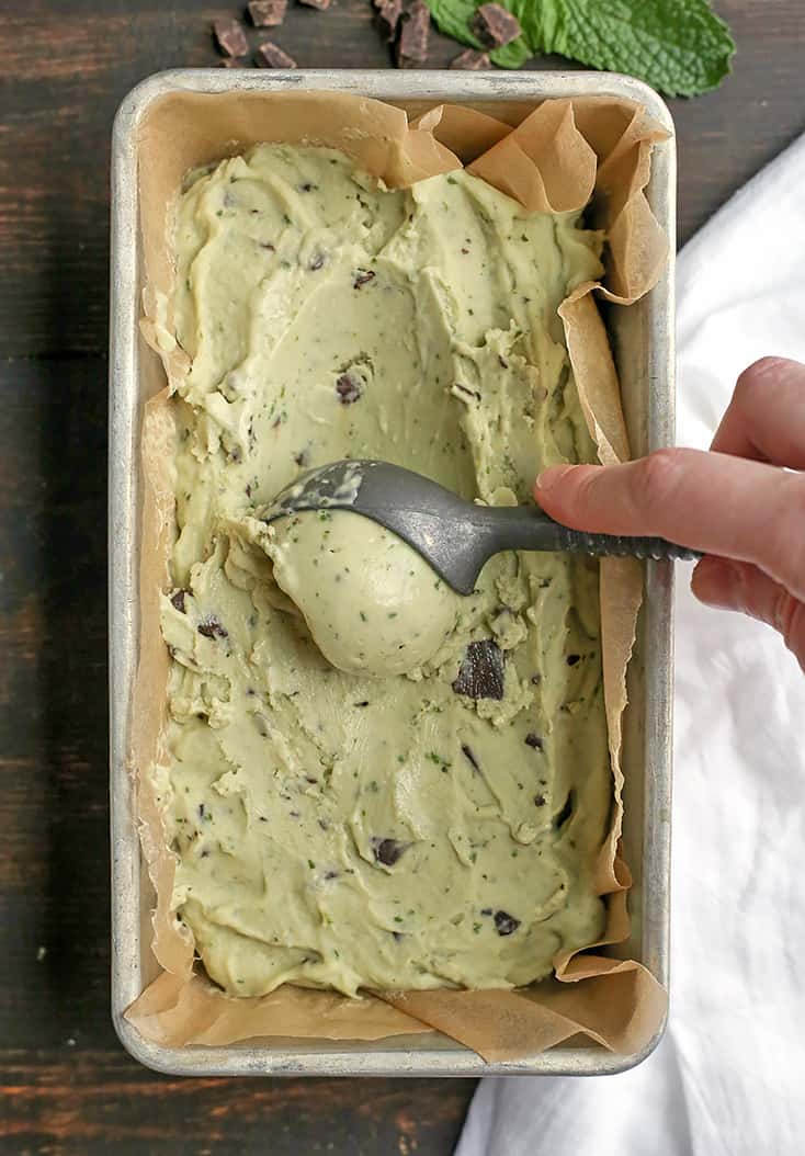 This Paleo Mint Chocolate Chip Ice Cream is easy to make and so delicious! Just 6 simple ingredients, dairy free, egg free, naturally colored and sweetened, and low FODMAP.