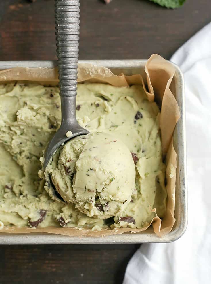 This Paleo Mint Chocolate Chip Ice Cream is easy to make and so delicious! Just 6 simple ingredients, dairy free, egg free, naturally colored and sweetened, and low FODMAP.