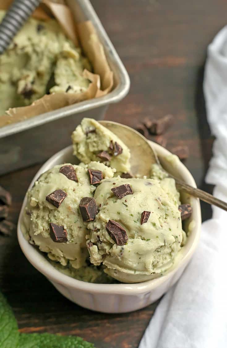 This Paleo Mint Chocolate Chip Ice Cream is easy to make and so delicious! Just 6 simple ingredients, dairy free, egg free, naturally colored and sweetened, and low FODMAP.