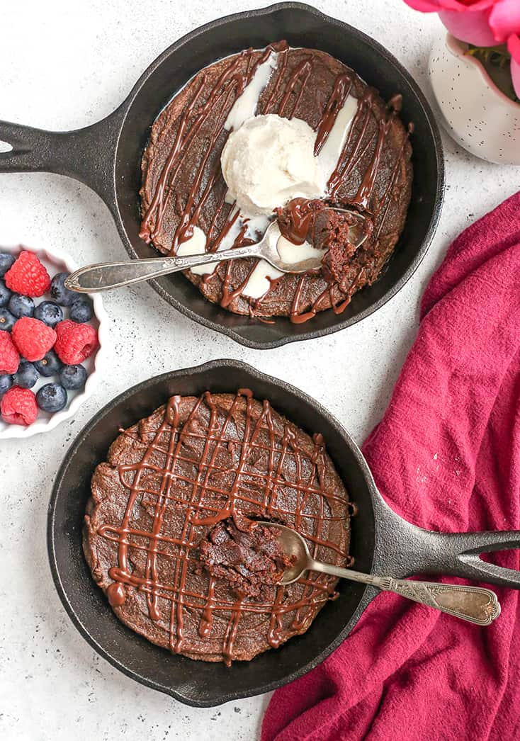 This Paleo Nut Free Skillet Brownie For Two is such a great quick dessert perfectly portioned for 2 people. Rich, sweet, and healthy! They are gluten free, dairy free, and naturally sweetened.