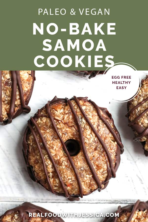 These Paleo Vegan Samoa Cookies are easy, no-bake, and so delicious! A shortbread cookie topped with toasted coconut and caramel. Gluten free, dairy free, nut free, egg free and naturally sweetened.