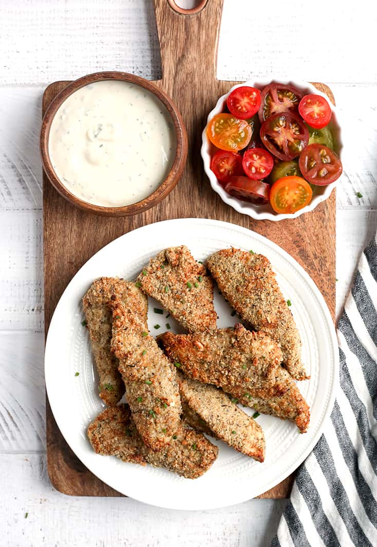 This Paleo Whole30 Air Fryer Breaded Chicken tastes amazing, is crispy, and healthy. Gluten free, dairy free, nut free, egg free, low carb, and low FODMAP.