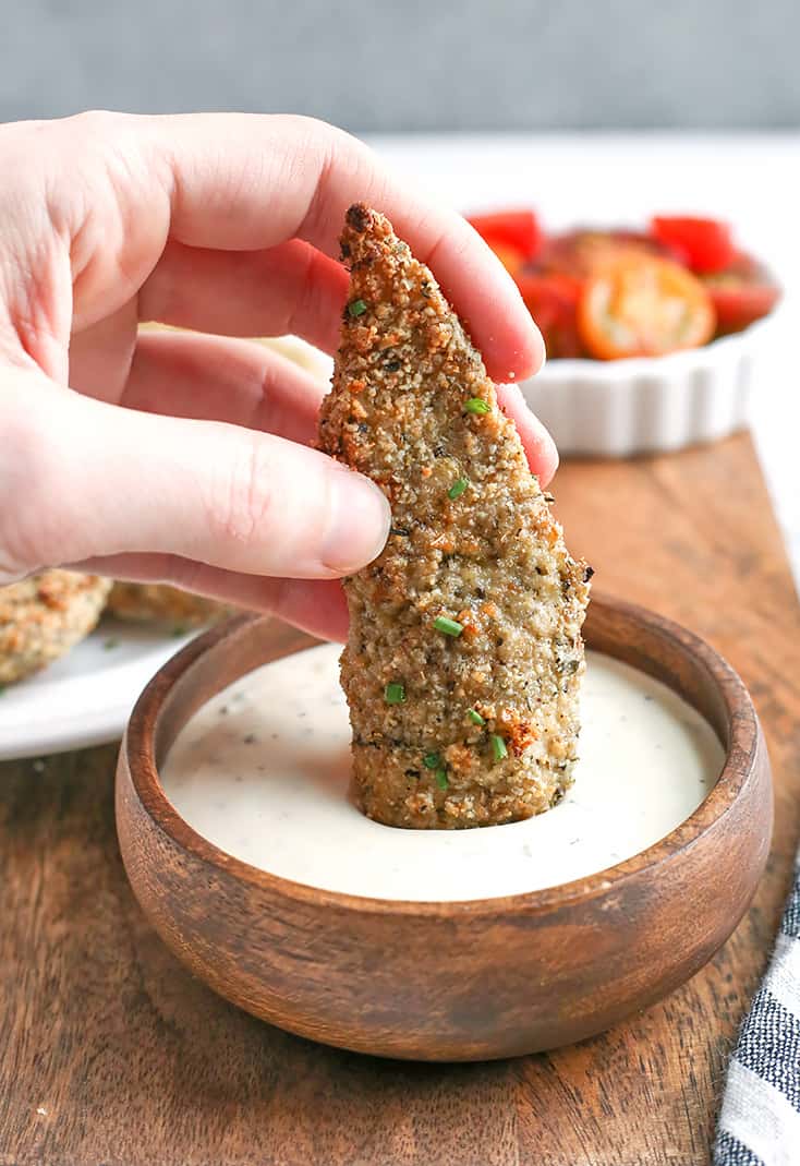 This Paleo Whole30 Air Fryer Breaded Chicken tastes amazing, is crispy, and healthy. Gluten free, dairy free, nut free, egg free, low carb, and low FODMAP.