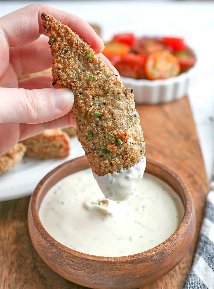 This Paleo Whole30 Air Fryer Breaded Chicken tastes amazing, is crispy, and healthy. Gluten free, dairy free, nut free, egg free, low carb, and low FODMAP.