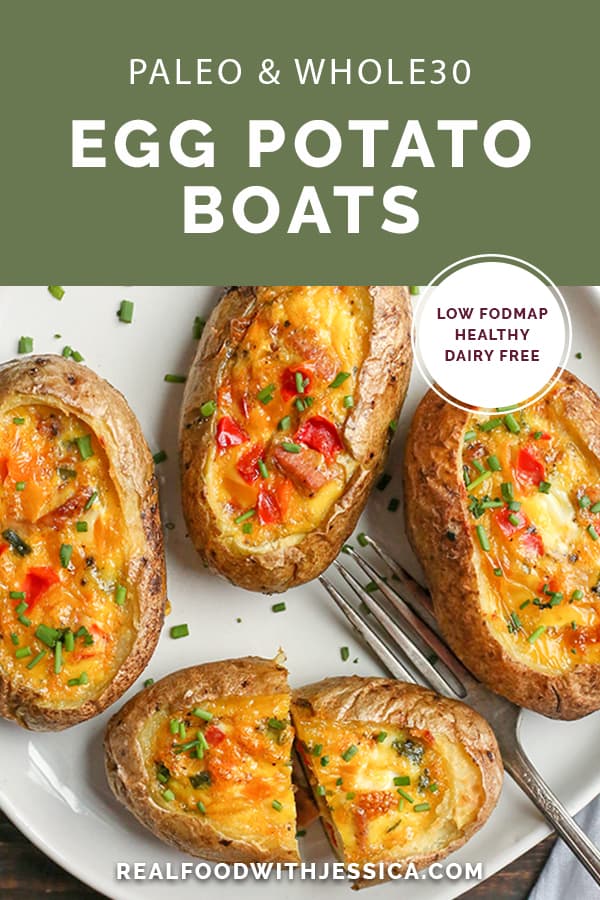 These Paleo Whole30 Egg Potato Boats are a fun and filling breakfast. Packed with sausage, peppers, green onions and of course eggs. They are gluten free, dairy free, and low FODMAP.