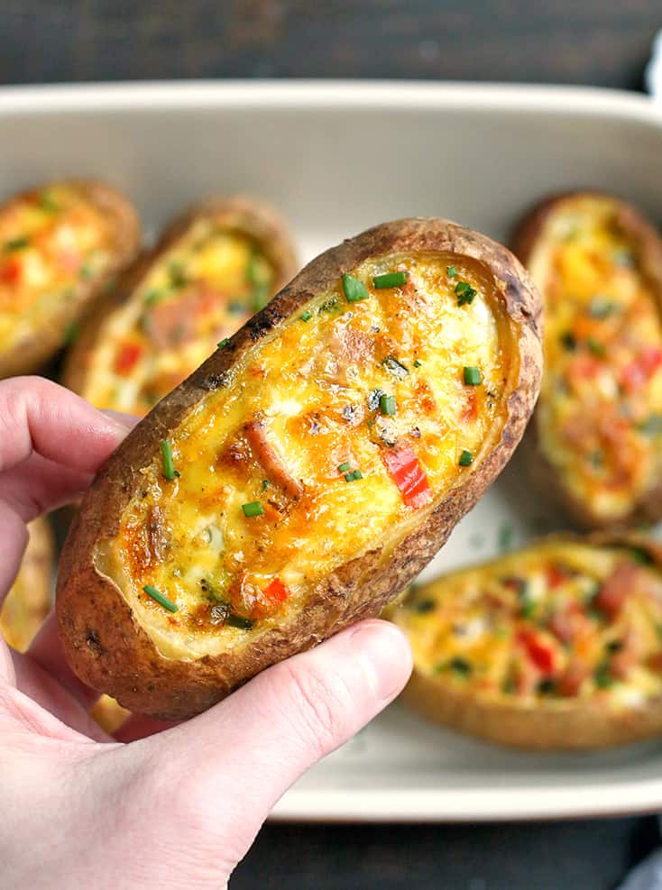 These Paleo Whole30 Egg Potato Boats are a fun and filling breakfast. Packed with sausage, peppers, green onions and of course eggs. They are gluten free, dairy free, and low FODMAP.