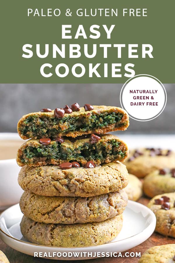 These Easy Paleo SunButter Cookies are naturally green with no hidden veggies. With only 6 ingredients they are easy and delicious! Gluten free, dairy free, nut free, and naturally sweetened.