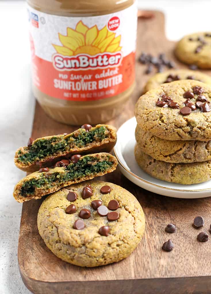 These Easy Paleo SunButter Cookies are naturally green with no hidden veggies. With only 6 ingredients they are easy and delicious! Gluten free, dairy free, nut free, and naturally sweetened.
