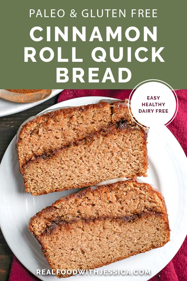 This Paleo Cinnamon Roll Quick Bread is so easy to make and tastes incredible! Tender cake with a sweet cinnamon swirl and drizzled with a thick glaze. Gluten free, dairy free, and naturally sweetened.