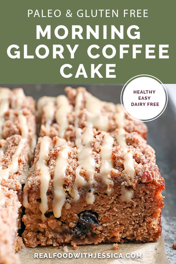 This Paleo Morning Glory Coffee Cake has a moist cake, thick crumb topping with buttery pecans and a sweet glaze. It's delicious while still being gluten free, dairy free, and naturally sweetened.