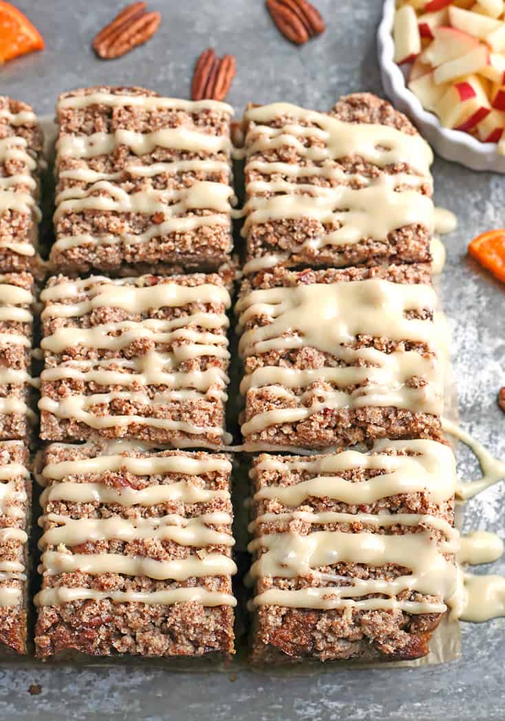 This Paleo Morning Glory Coffee Cake has a moist cake, thick crumb topping with buttery pecans and a sweet glaze. It's delicious while still being gluten free, dairy free, and naturally sweetened. 