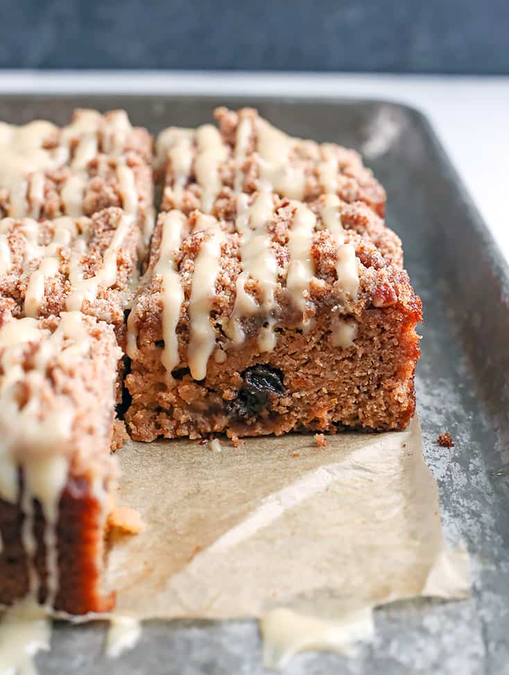 This Paleo Morning Glory Coffee Cake has a moist cake, thick crumb topping with buttery pecans and a sweet glaze. It's delicious while still being gluten free, dairy free, and naturally sweetened. 