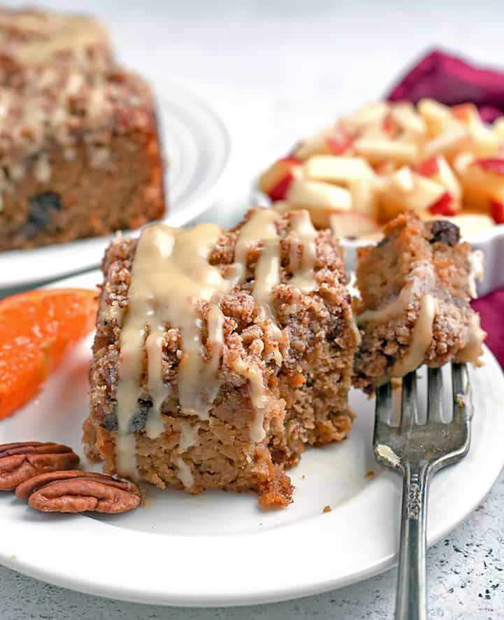 This Paleo Morning Glory Coffee Cake has a moist cake, thick crumb topping with buttery pecans and a sweet glaze. It's delicious while still being gluten free, dairy free, and naturally sweetened. 