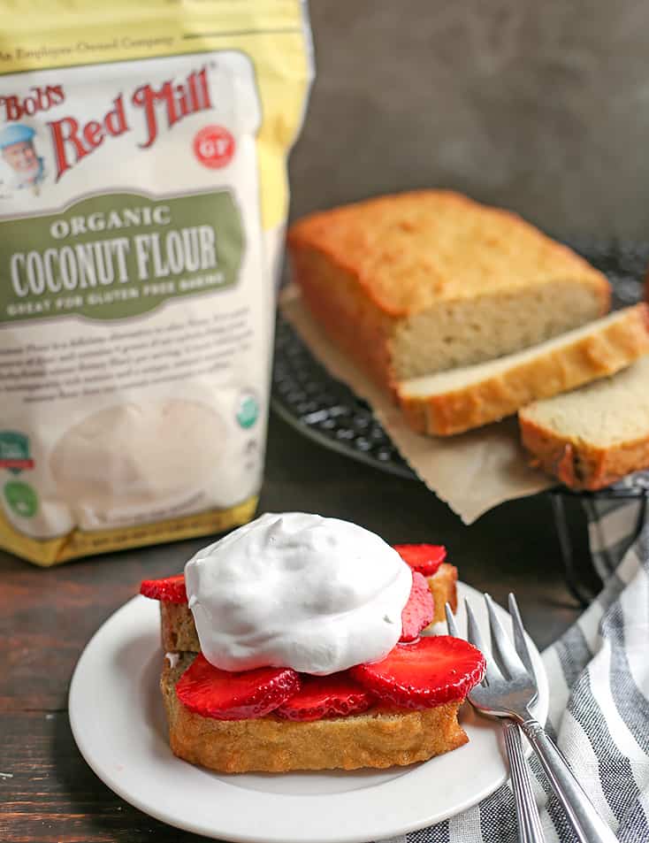 This Paleo Strawberry Shortcake Poundcake is easy to make and a great spring dessert. Tender cake covered in sweet strawberries topped with whipped topping. It's gluten free, dairy free, nut free and delicious!