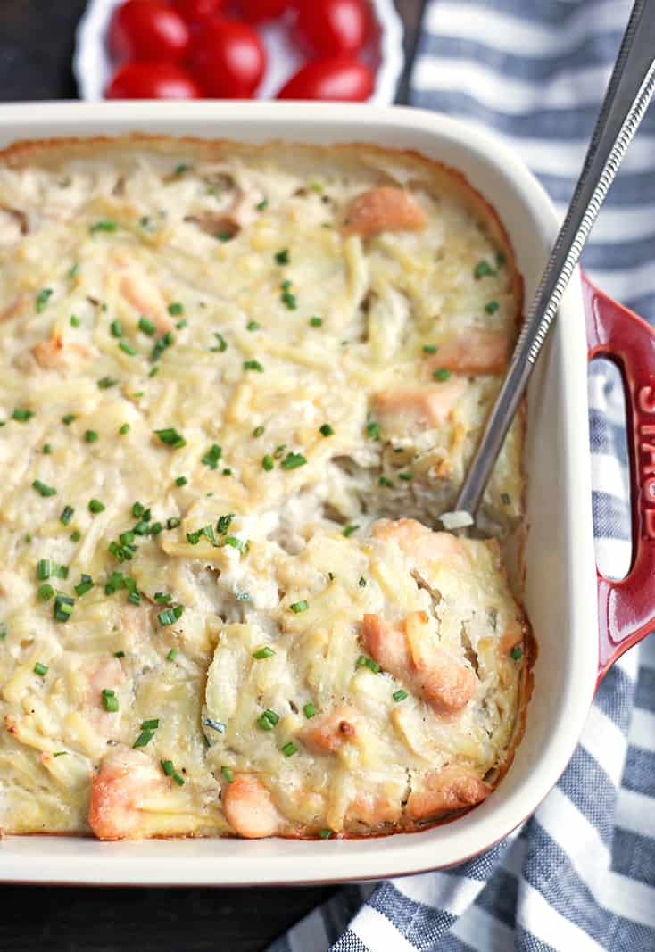 This Paleo Whole30 Chicken Alfredo Casserole is easy to make and pure comfort food. Tender chicken and potatoes covered in a creamy sauce. Gluten free, dairy free, and low FODMAP.