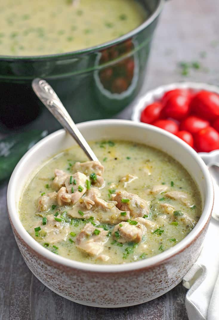 This Paleo Whole30 Chicken Chili Relleno Soup is creamy, flavorful, and so delicious! A healthy gluten free, dairy free, and low FODMAP meal the whole family will love.