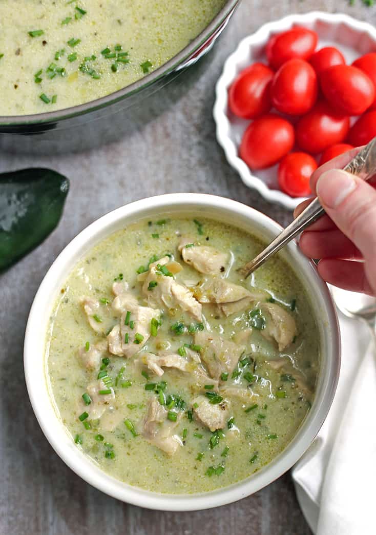 This Paleo Whole30 Chicken Chili Relleno Soup is creamy, flavorful, and so delicious! A healthy gluten free, dairy free, and low FODMAP meal the whole family will love.