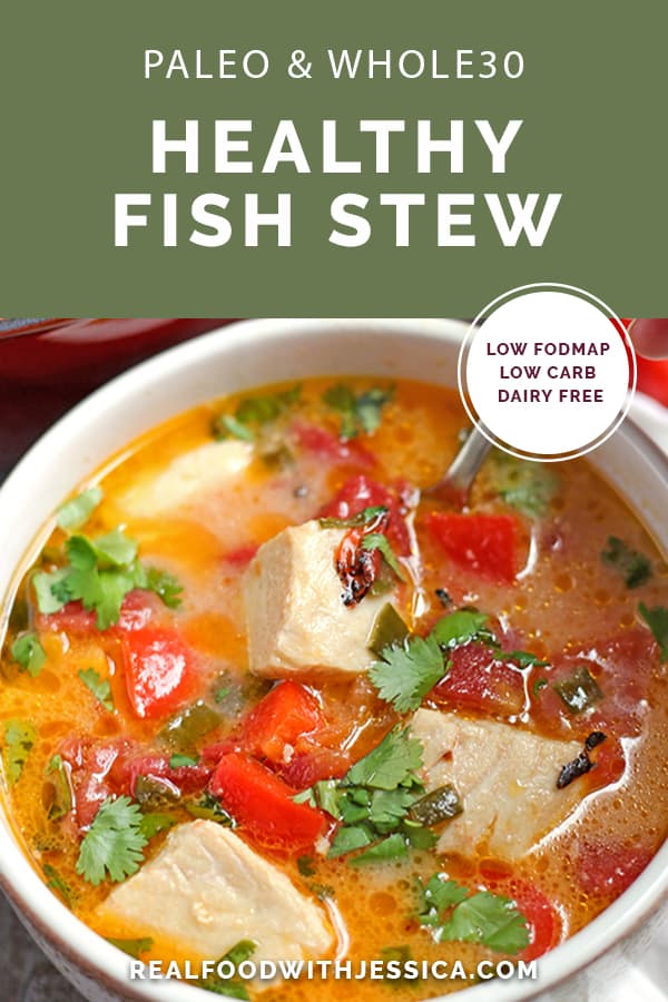 This Paleo Whole30 Fish Stew is quick, easy, and delicious! Made in 20 minutes makes it a great weeknight dinner. Gluten free, dairy free, low carb, and low FODMAP.