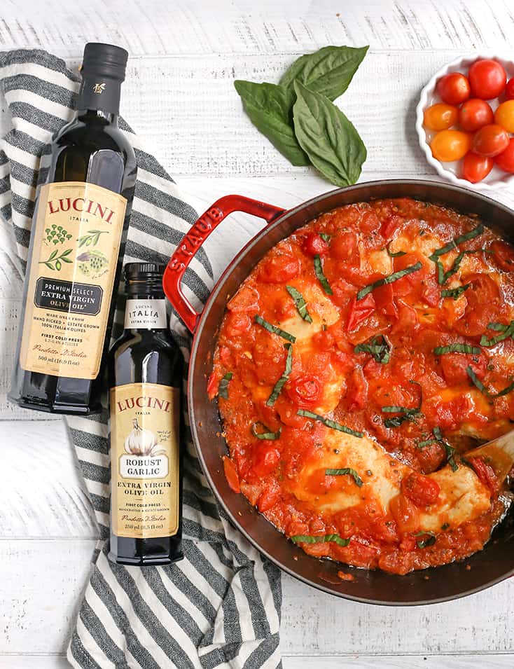 This Paleo Whole30 Garlic Tomato Basil Chicken is quick and so easy. A fresh tomato sauce and tender chicken that is ready in 20 minutes. Gluten free, dairy free, low carb, and low FODMAP.
