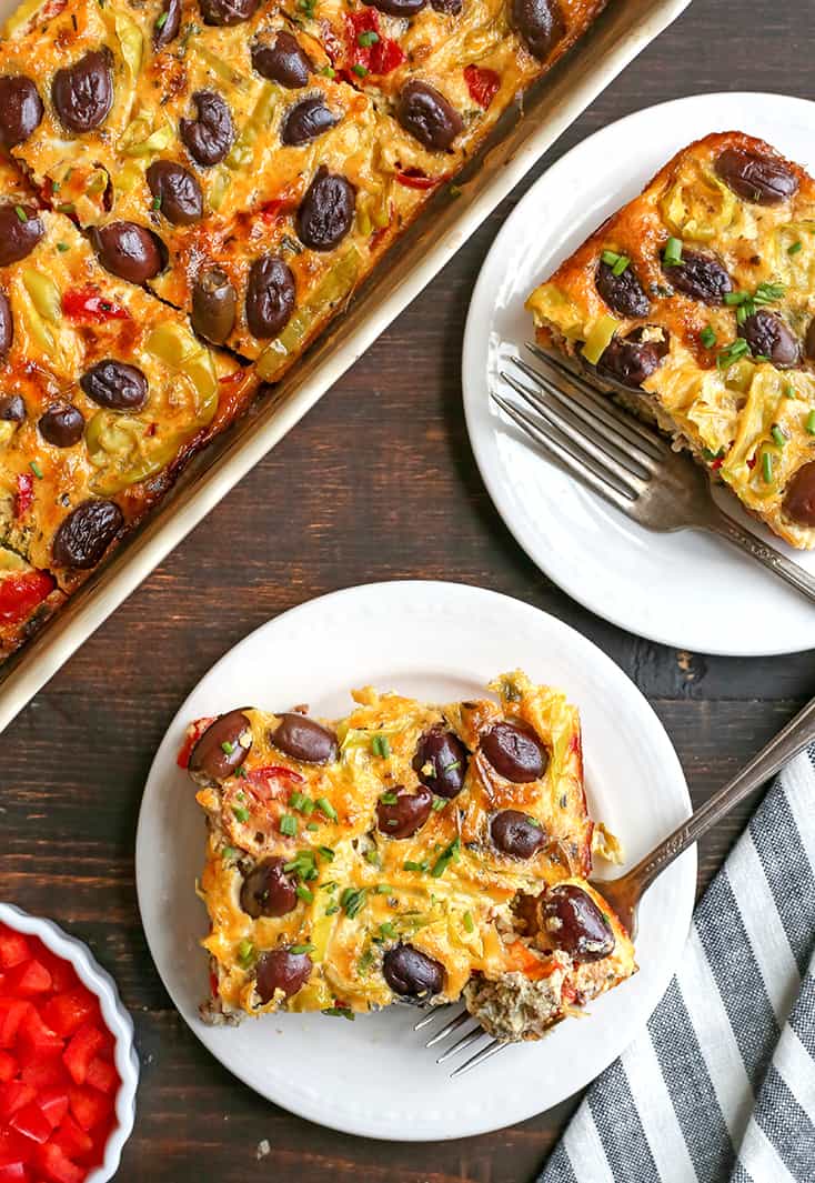 This Paleo Whole30 Greek Breakfast Casserole is a flavorful way to start the day. Packed with veggies and it's gluten free, dairy free, low carb, and low FODMAP.