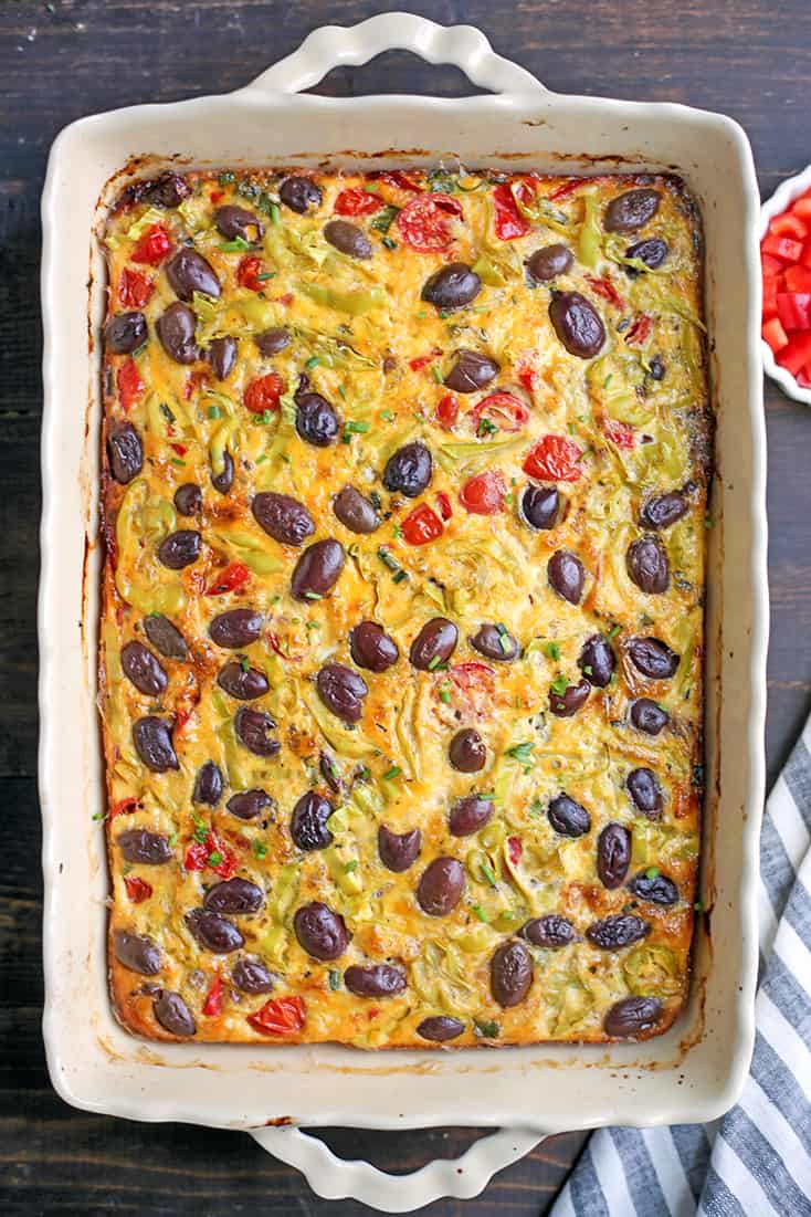 This Paleo Whole30 Greek Breakfast Casserole is a flavorful way to start the day. Packed with veggies and it's gluten free, dairy free, low carb, and low FODMAP.