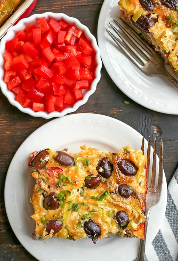 This Paleo Whole30 Greek Breakfast Casserole is a flavorful way to start the day. Packed with veggies and it's gluten free, dairy free, low carb, and low FODMAP.