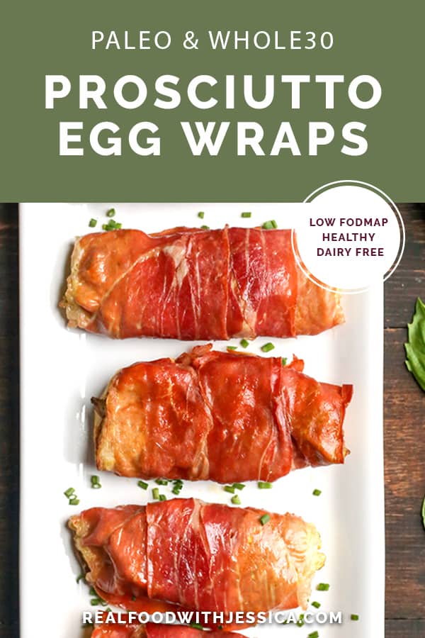 These Paleo Whole30 Pesto Prosciutto Egg Wraps are a fun, handheld breakfast. Tender cooked eggs wrapped in crispy prosciutto making a healthy burrito. They are gluten free, dairy free, low carb and low FODMAP.