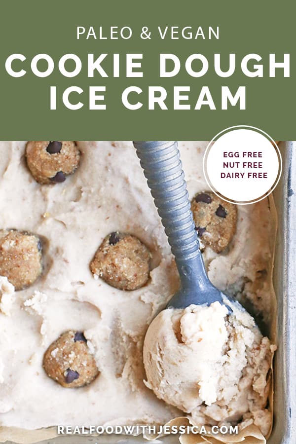 This Paleo Cookie Dough Ice Cream is rich, creamy, and so delicious. Vanilla dairy free ice cream with chunks of edible cookie dough that is vegan, nut free, egg free, gluten free, and naturally sweetened.