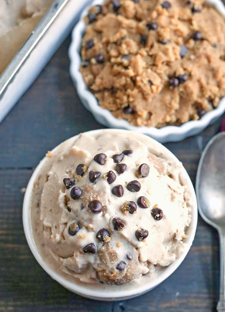 This Paleo Cookie Dough Ice Cream is rich, creamy, and so delicious. Vanilla dairy free ice cream with chunks of edible cookie dough that is vegan, nut free, egg free, gluten free, and naturally sweetened.