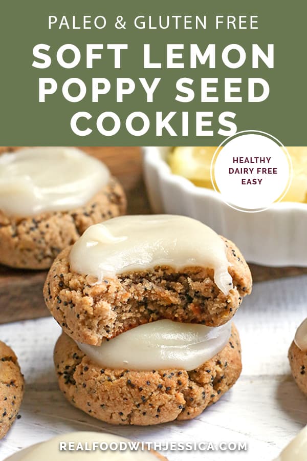 These Soft Paleo Lemon Poppy Seed Cookies are easy to make and so delicious! A tender cookie topped with a sweet and tangy glaze. Gluten free, dairy free, and naturally sweetened.