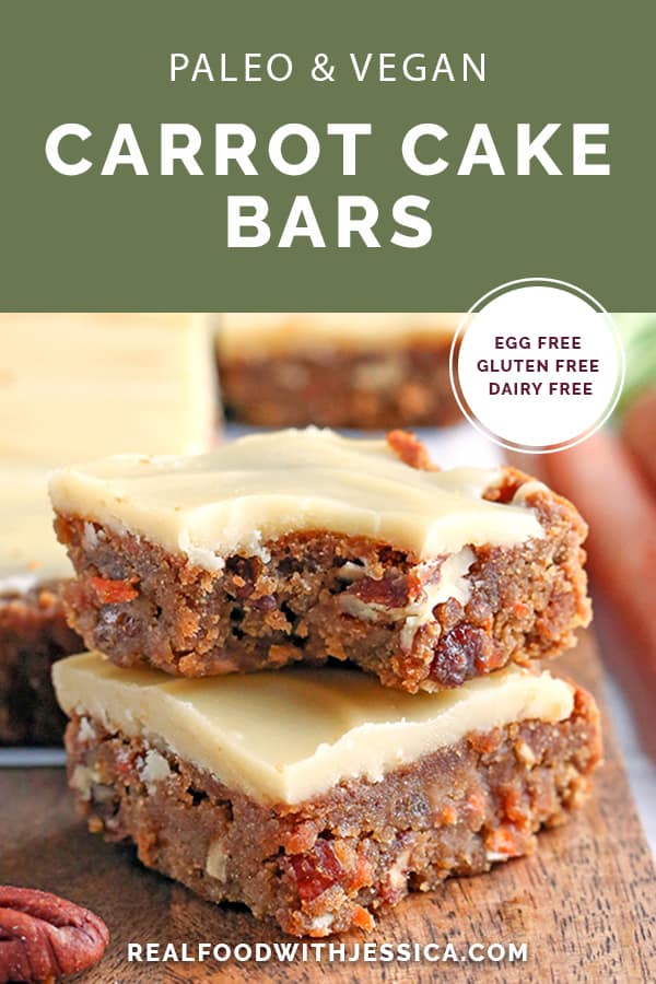 These Paleo Vegan Carrot Cake Bars are easy to make and so tasty. Moist, spiced just right, and topped with a delicious  frosting. Gluten free, dairy free, egg free, and naturally sweetened.