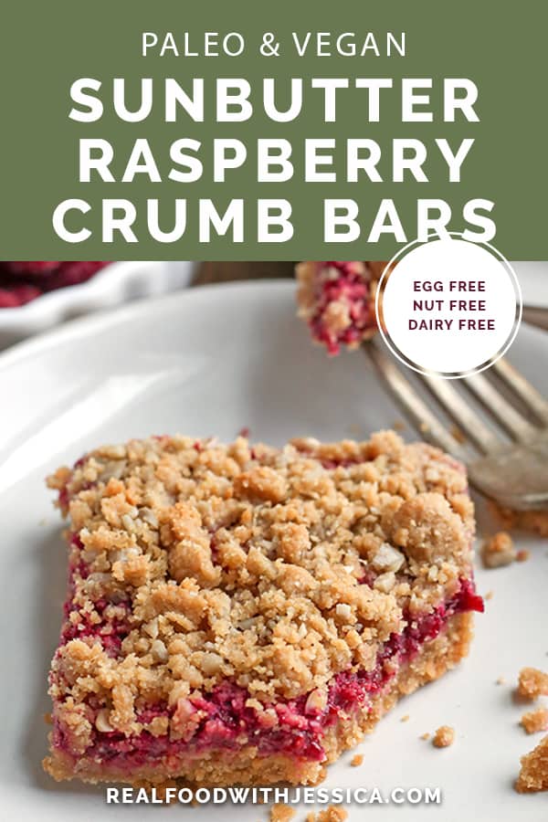 These Paleo Vegan SunButter Raspberry Crumb Bars are nut-free and so delicious! A shortbread crust, fresh raspberry filling, and simple crumb topping. They are gluten free, egg free, dairy free, and naturally sweetened.