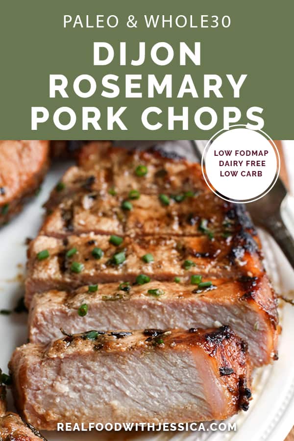These Paleo Whole30 Dijon Rosemary Pork Chops are easy to make and so flavorful. Perfect for the grill, but still delicious cooked indoors. They're dairy free, low carb, low FODMAP and sugar free.