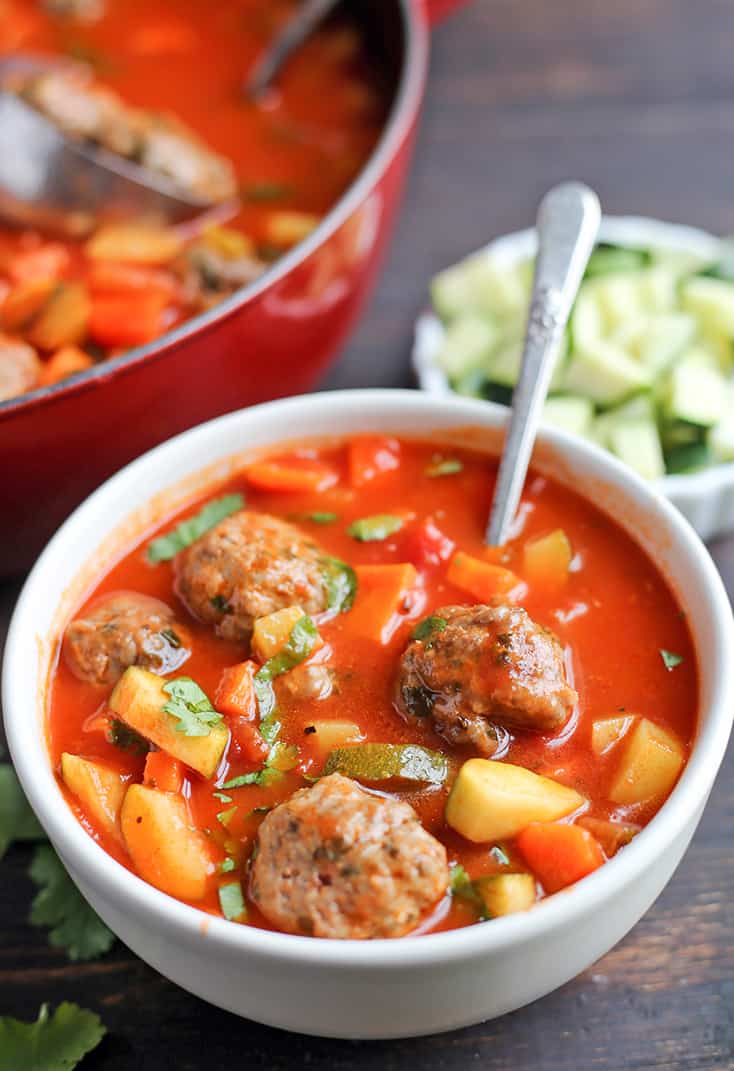 This Paleo Whole30 Mexican Meatball Soup is flavorful, packed with veggies, and so delicious! Gluten free, dairy free, egg free and nut free.