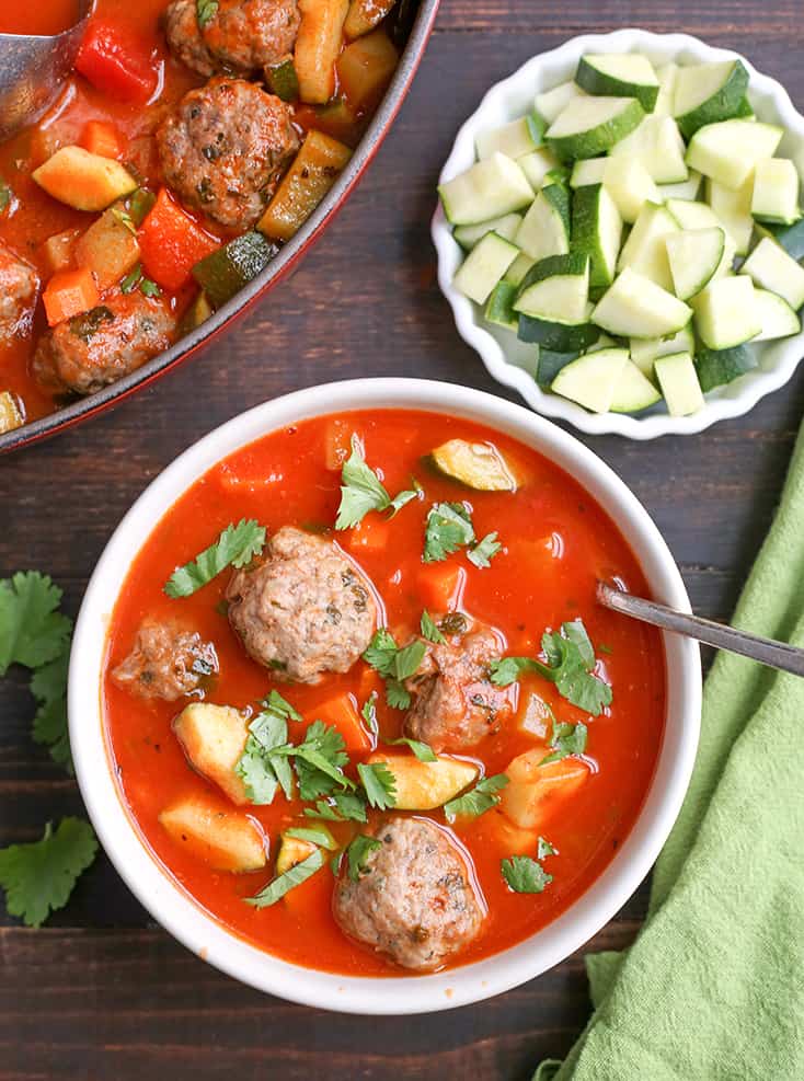 This Paleo Whole30 Mexican Meatball Soup is flavorful, packed with veggies, and so delicious! Gluten free, dairy free, egg free and nut free.