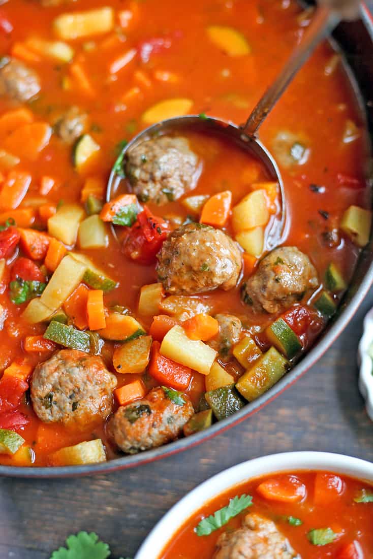 This Paleo Whole30 Mexican Meatball Soup is flavorful, packed with veggies, and so delicious! Gluten free, dairy free, egg free and nut free.