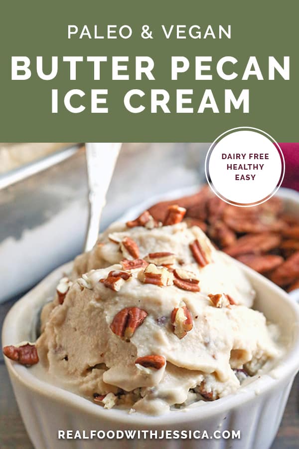 This Paleo Butter Pecan Ice Cream is rich, sweet and packed with buttery pecans. The perfect summer treat! Dairy free, gluten free, and naturally sweetened.