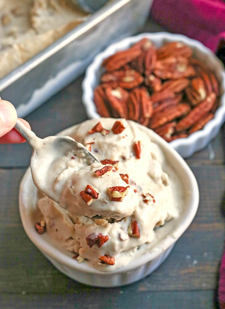 This Paleo Butter Pecan Ice Cream is rich, sweet and packed with buttery pecans. The perfect summer treat! Dairy free, gluten free, and naturally sweetened.