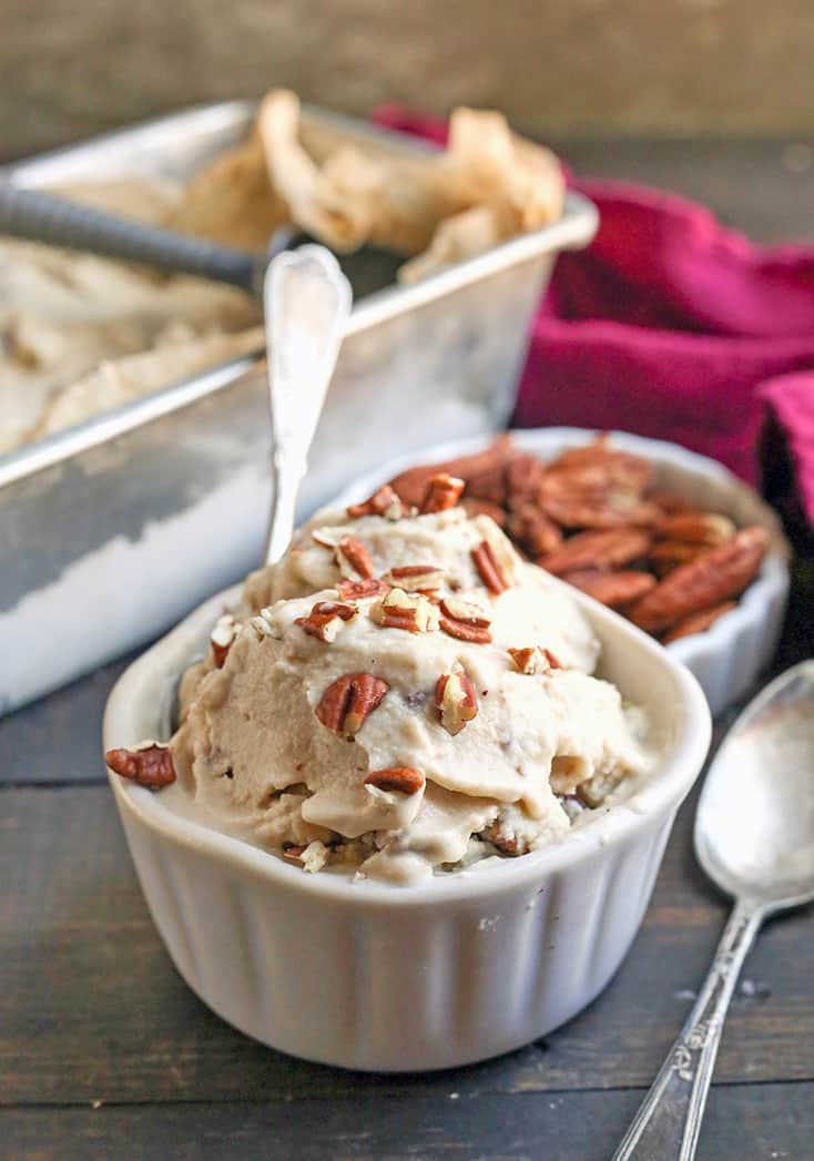 This Paleo Butter Pecan Ice Cream is rich, sweet and packed with buttery pecans. The perfect summer treat! Dairy free, gluten free, and naturally sweetened.